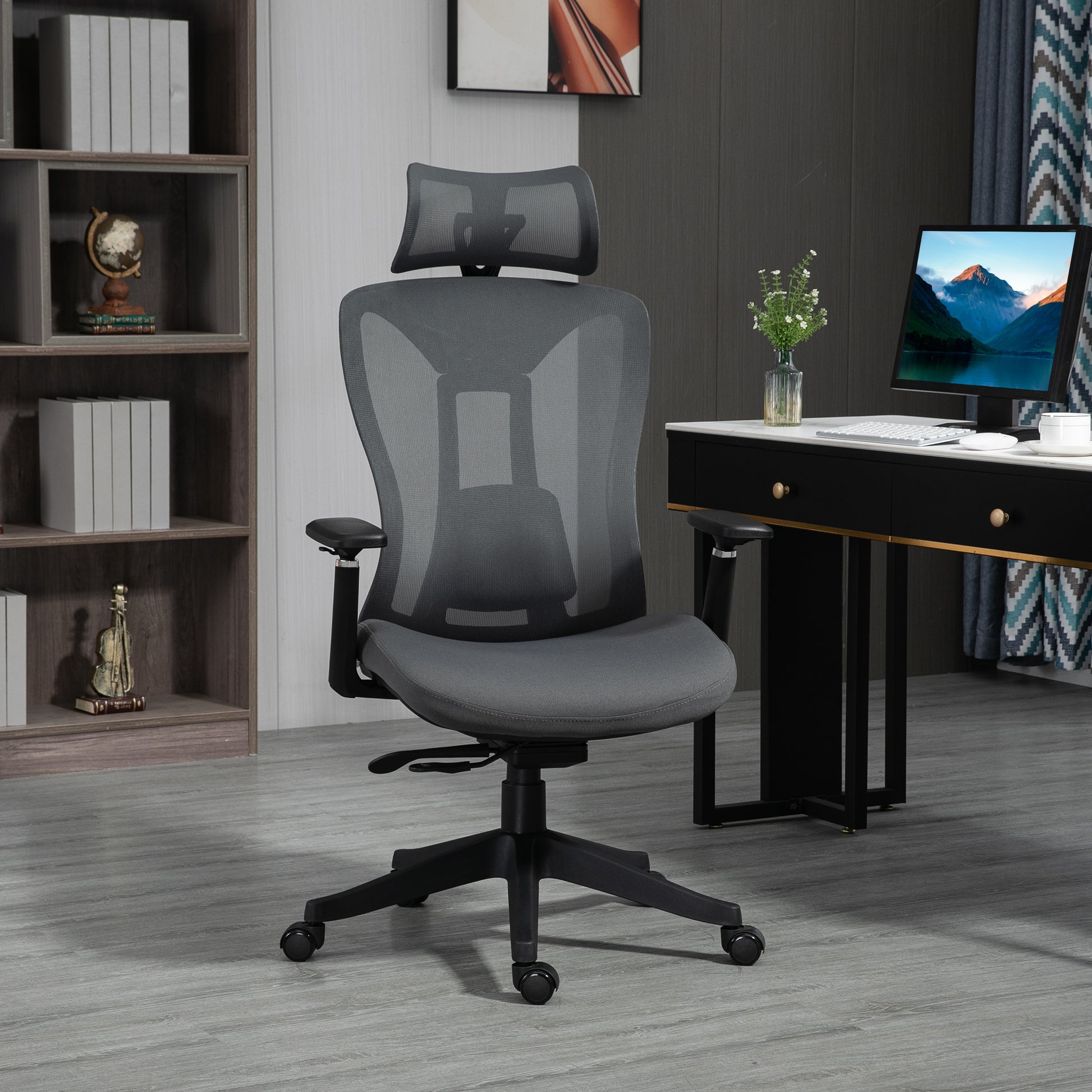 Reclinable office chair with headrest, lumbar support and adjustable height, gray - Borgè