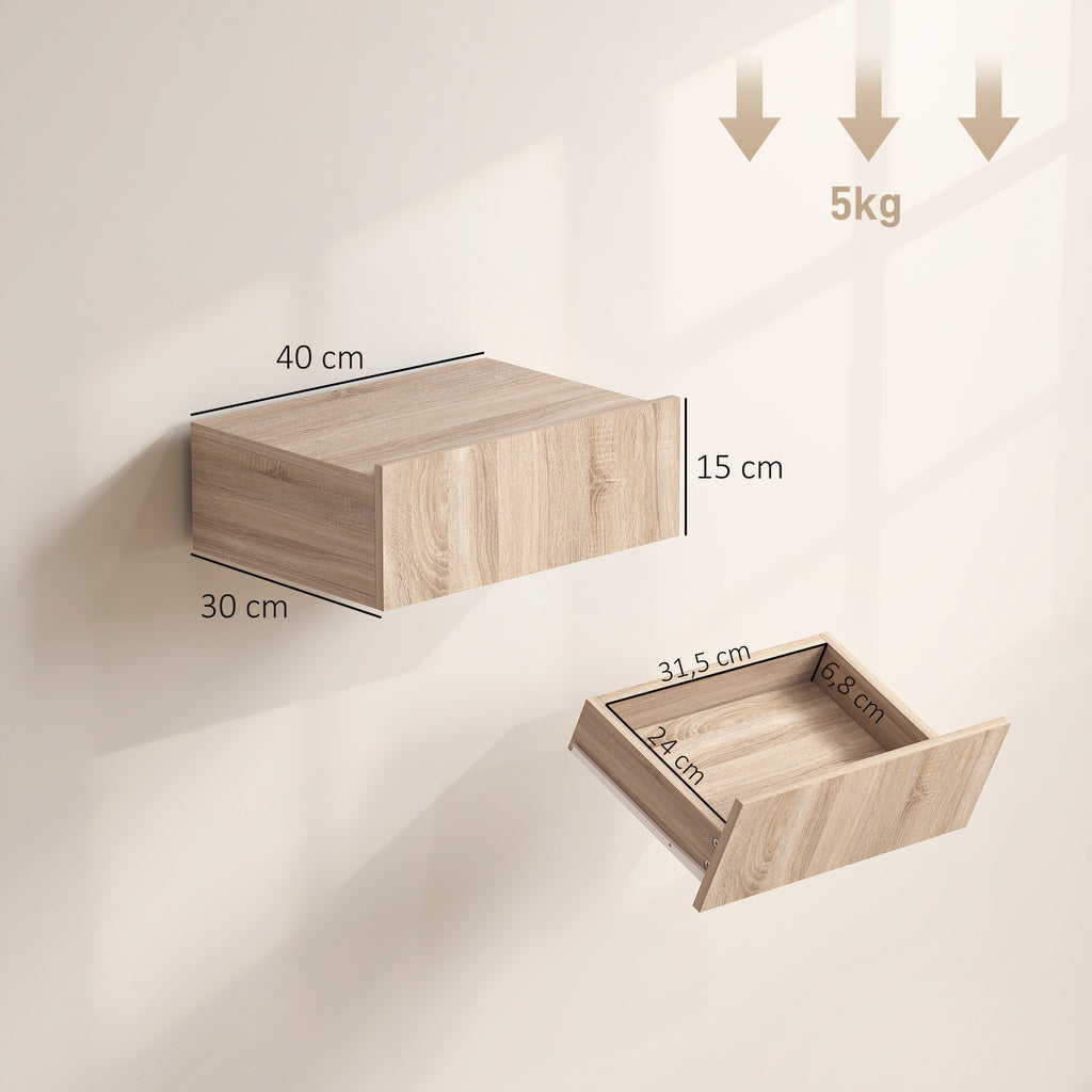 HOMCOM Set of 2 Modern Floating Bedside Tables with Wooden Drawer, 40x30x15cm, Oak
