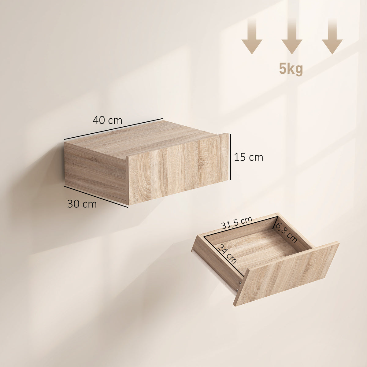 HOMCOM Set of 2 Modern Floating Bedside Tables with Wooden Drawer, 40x30x15cm, Oak