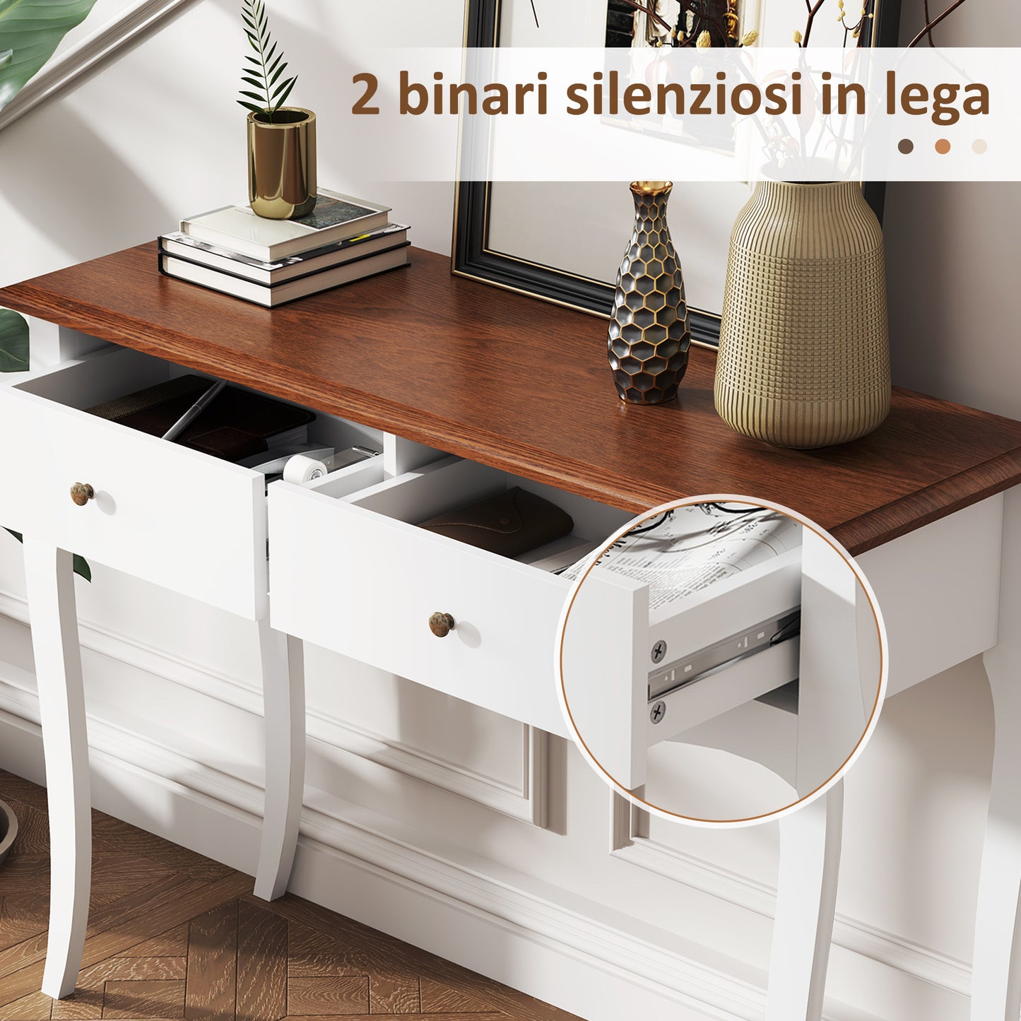 Modern Console Table with 2 Drawers in Wood, 100x35x76.5 cm, White and Dark Brown