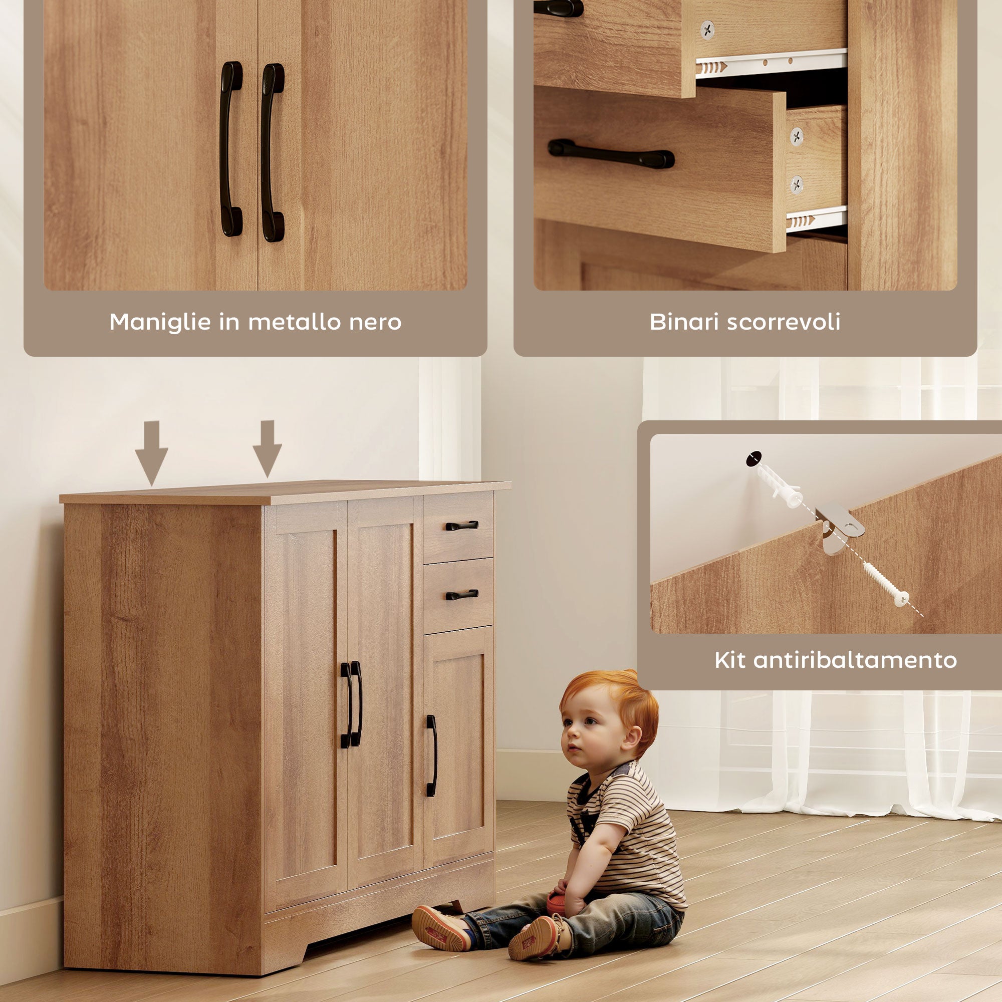 Kitchen Cabinet with 2 Drawers and 3 Cabinets, Adjustable Shelves, 120x38x79 cm, Oak