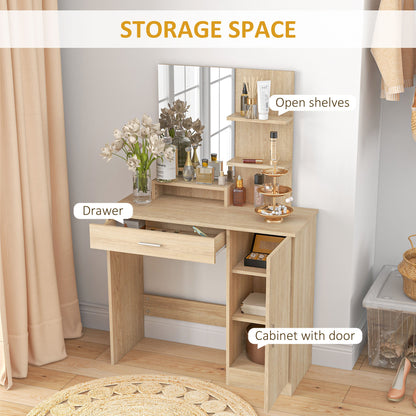 Dressing make -up table with cabinet, drawer, open shelves and mirror, 90x38x138 cm