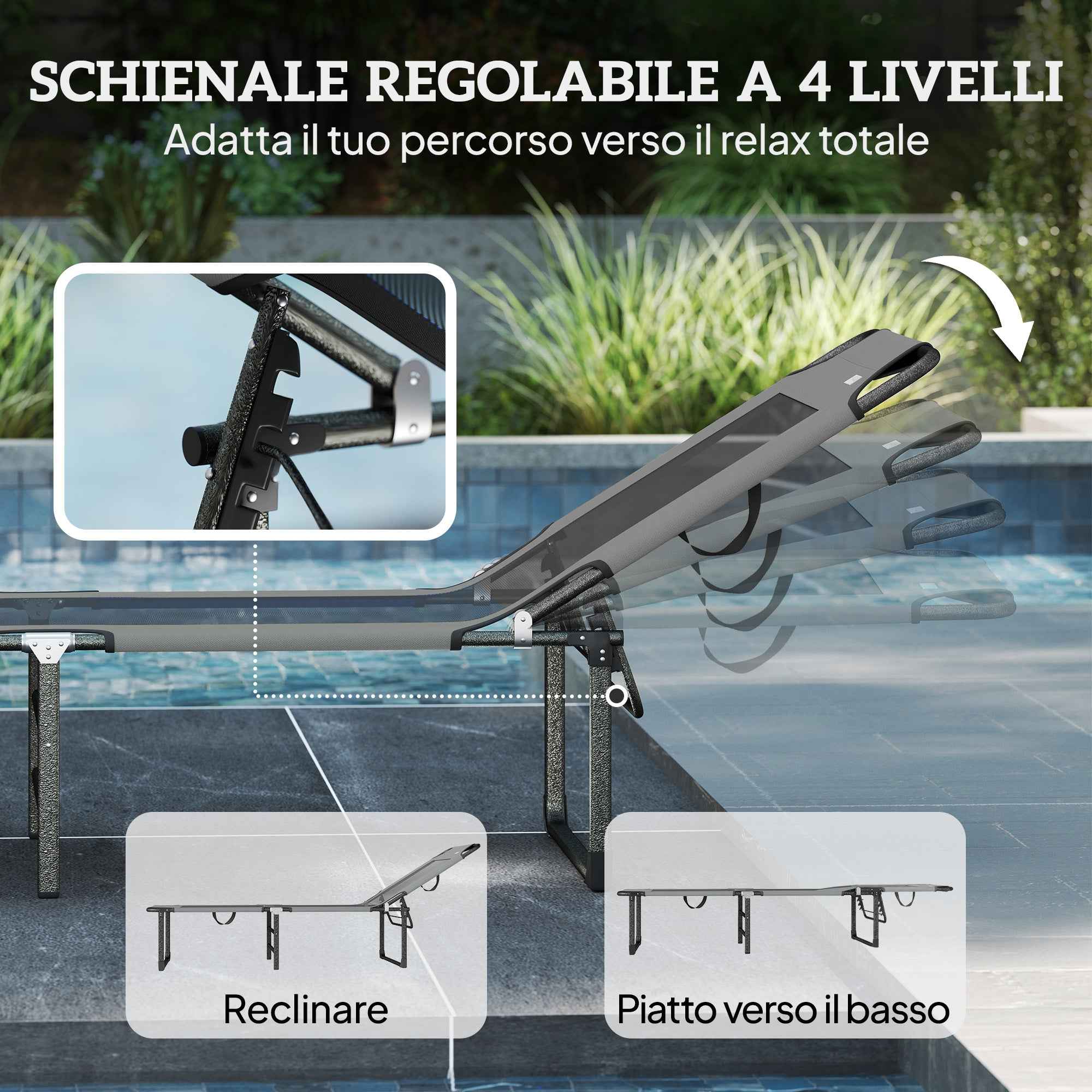 Outsunny 4-Position Reclining Outdoor Lounger, Folding Chair with Handle, Grey.