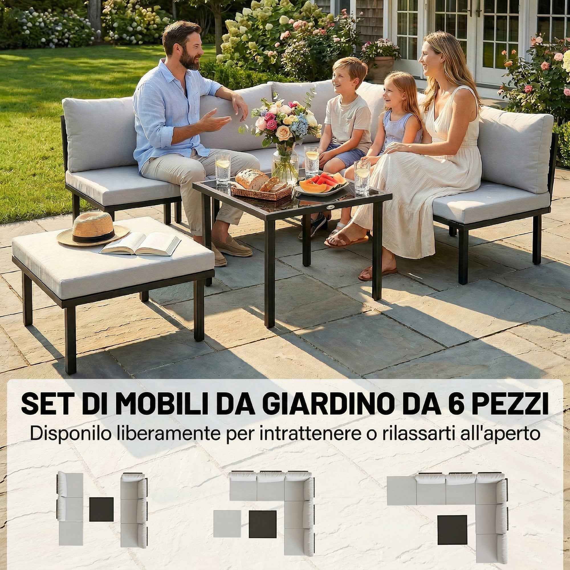 Outsunny 6-Person Metal Garden Furniture Set, Corner Sofa with Cushions, Light Grey