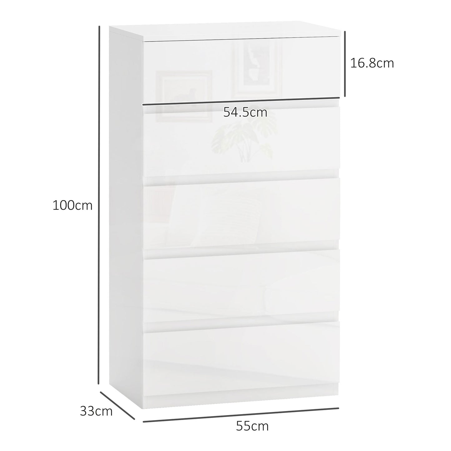 Modern 5-Drawer Anti-Tip Wooden Chest of Drawers, 55x33x100 cm, Glossy White