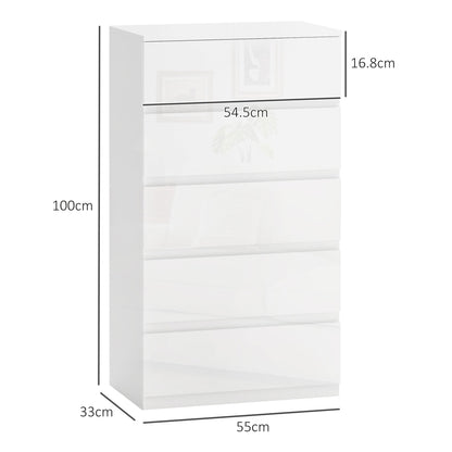 Modern 5-Drawer Anti-Tip Wooden Chest of Drawers, 55x33x100 cm, Glossy White