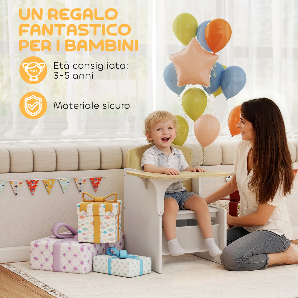 AIYAPLAY Children's Table and Chair Set for 3-5 Years Old in MDF Wood with Heart Patterns, Integrated Storage, White