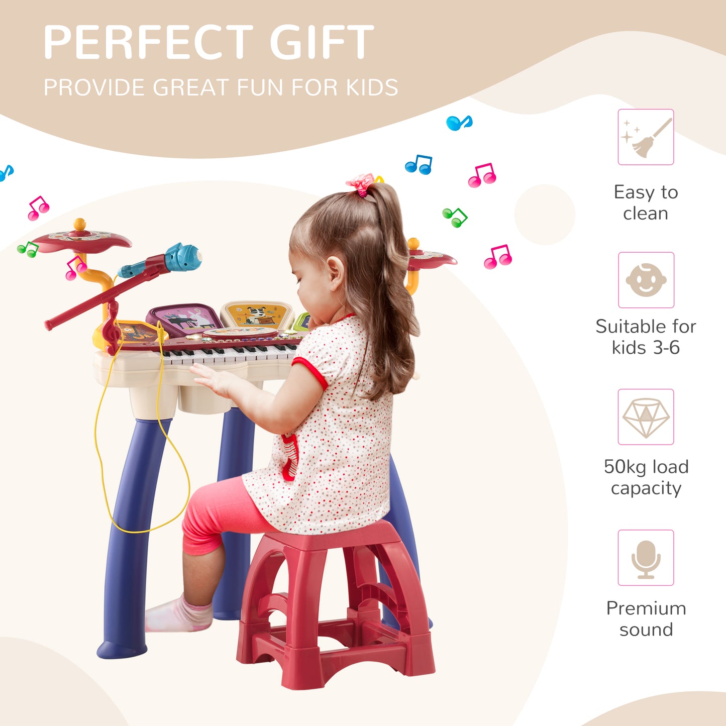 Piano for Children 3-6 Years with Stool, Microphone, Drum and Drumsticks, in PP and ABS, 74x32.2x71 cm