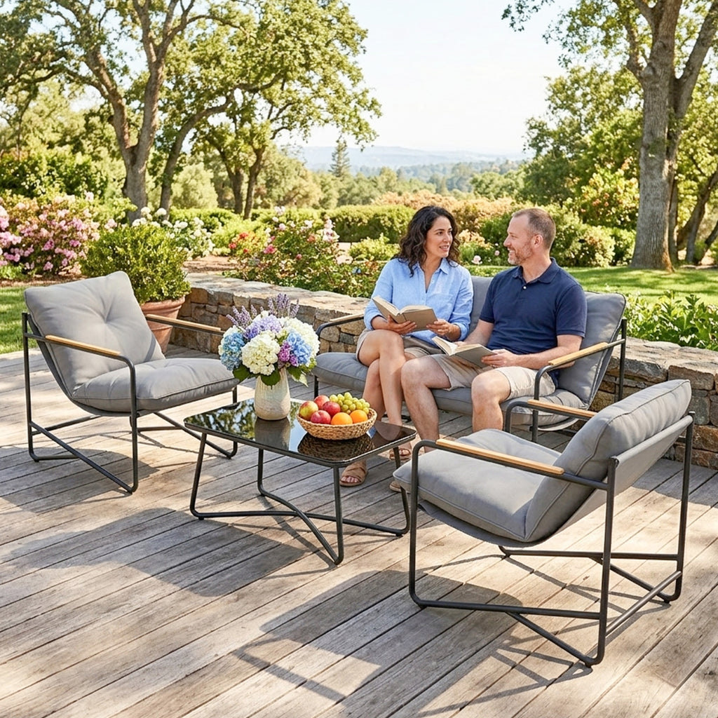 Outsunny 4-Seater Garden Lounge Set with 2-Seater Sofa and 2 Armchairs with Cushions, Light Grey
