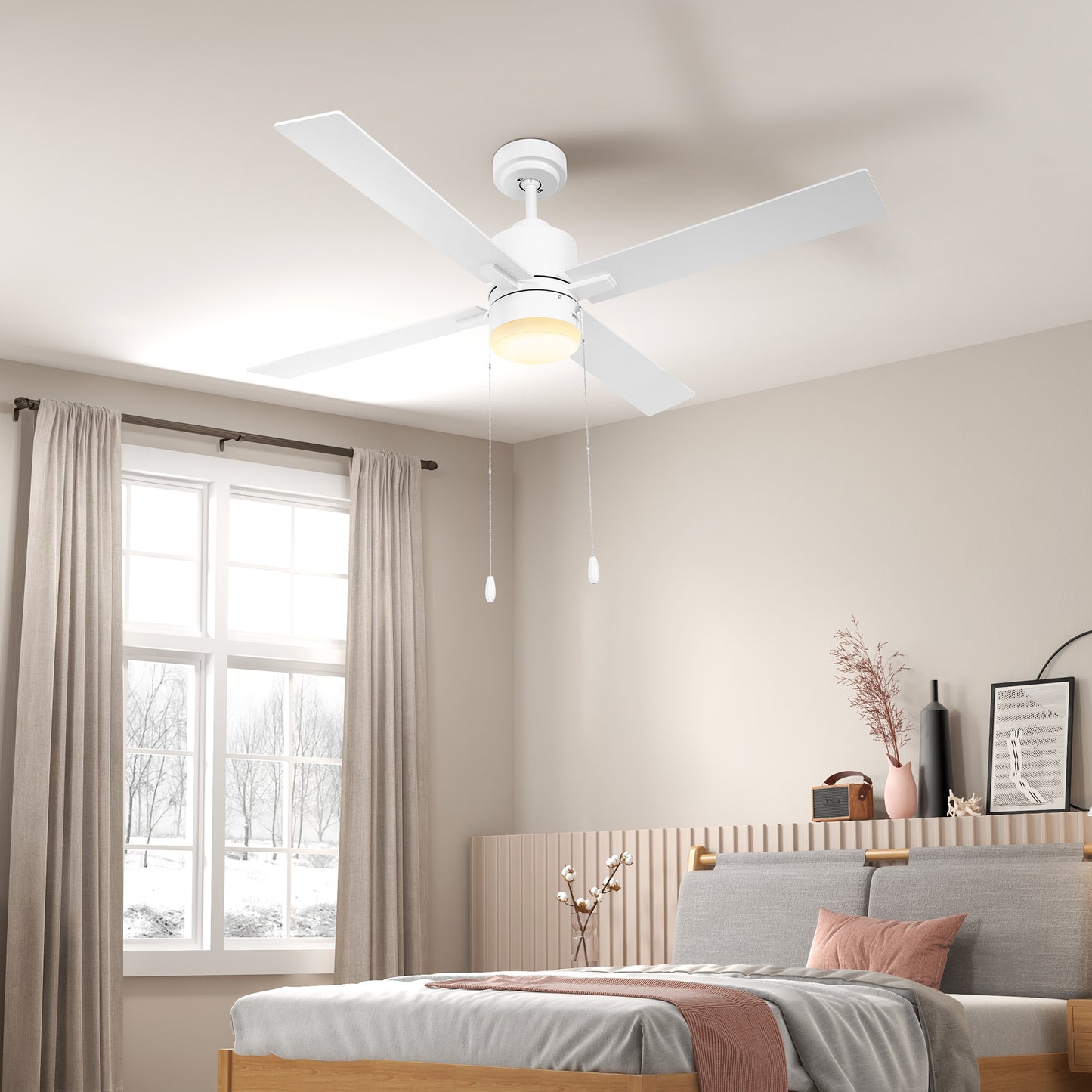 HOMCOM Ceiling Fan with LED Light, 3 Speeds and Reversible Motor, Ø130cm, White and Wood - Borgè