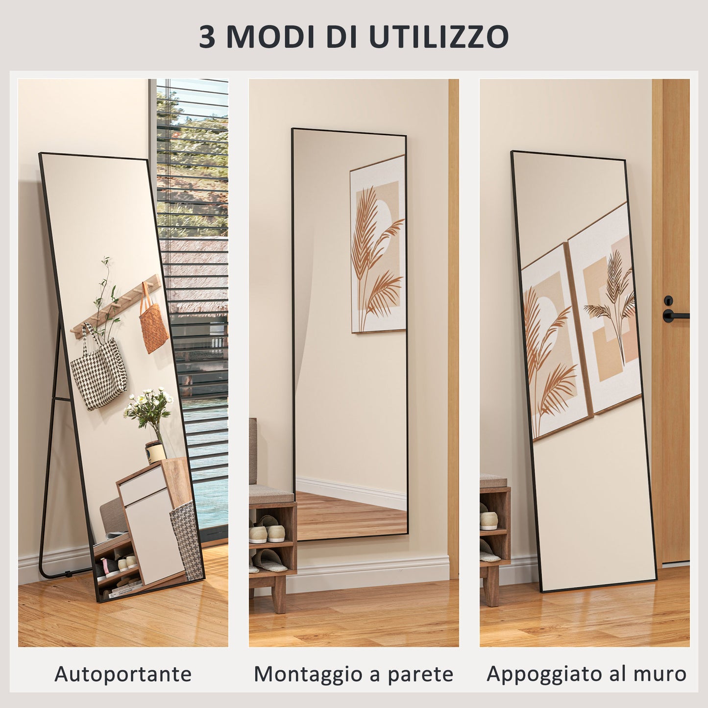 Modern Full Length Floor Mirror, Freestanding or Wall Mounted Design, 40x150cm, Black