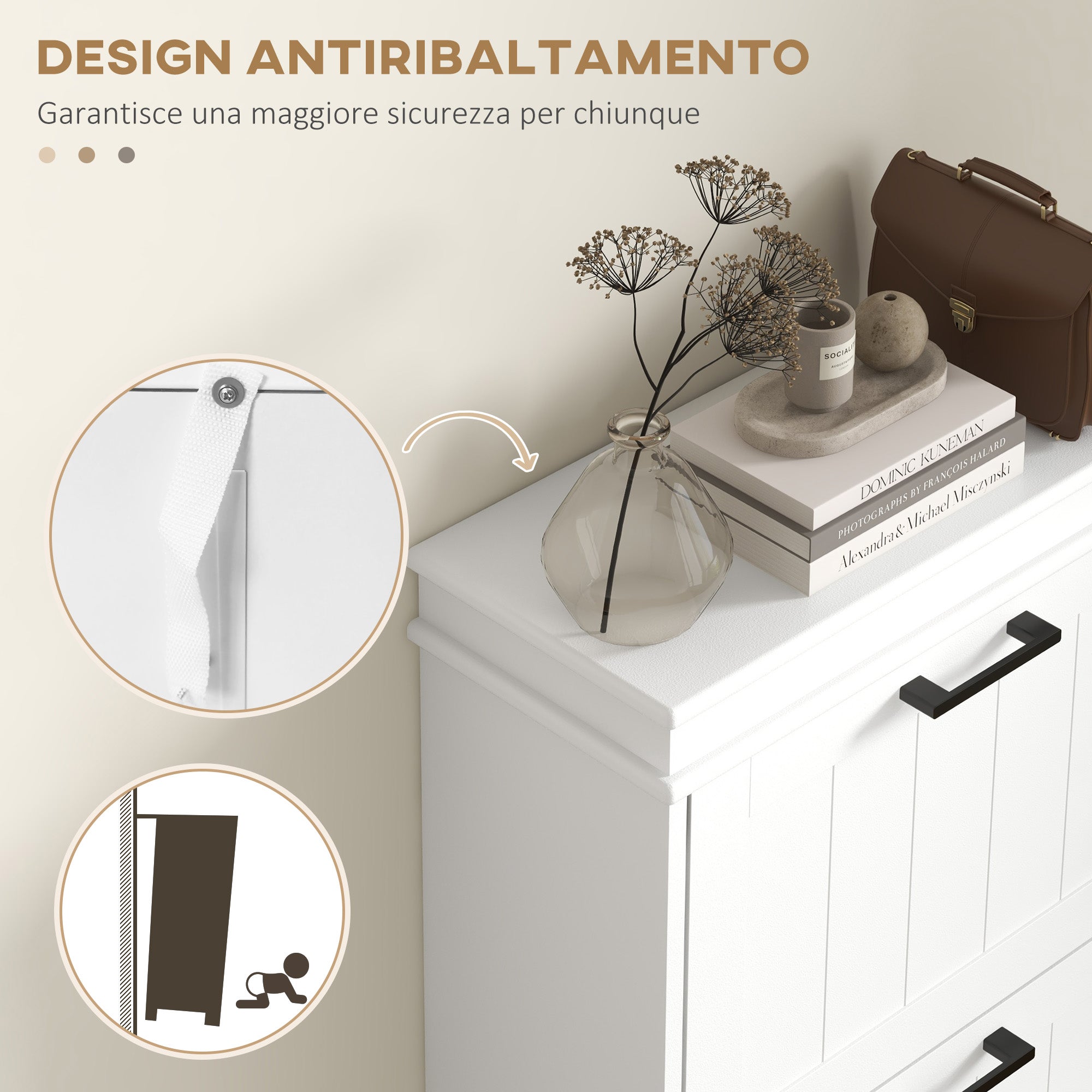 Modern Shoe Rack with 3 Tilting Drawers for 15 Pairs of Shoes and Adjustable Shelf, 54x24x117.5cm, White