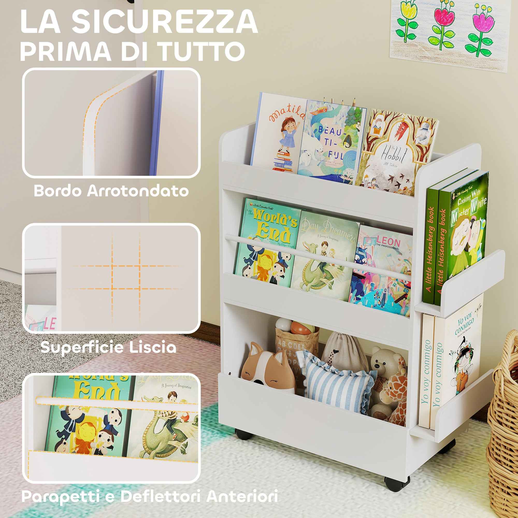 AIYAPLAY Double-Sided Bookcase for Children Ages 3-8, Toy Storage Rack with Wheels and Blackboard, White