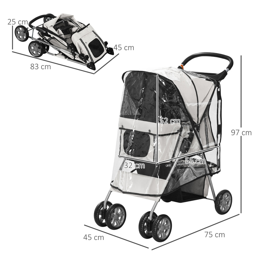 Folding Dog Stroller with Rain Cover, Swivel Wheels and Brakes, Grey