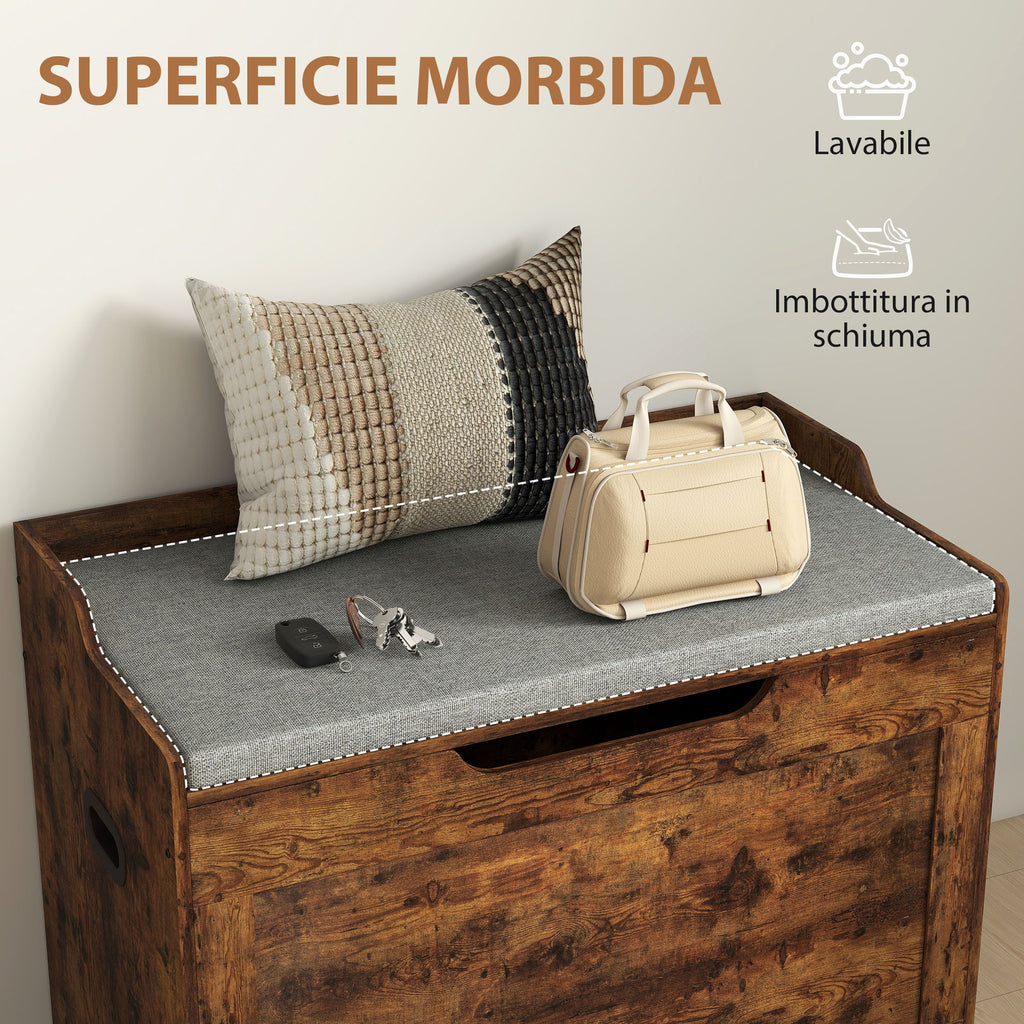 103L Multifunctional Storage Bench in Wood with Grey Fabric Cushion, 75x40x56 cm