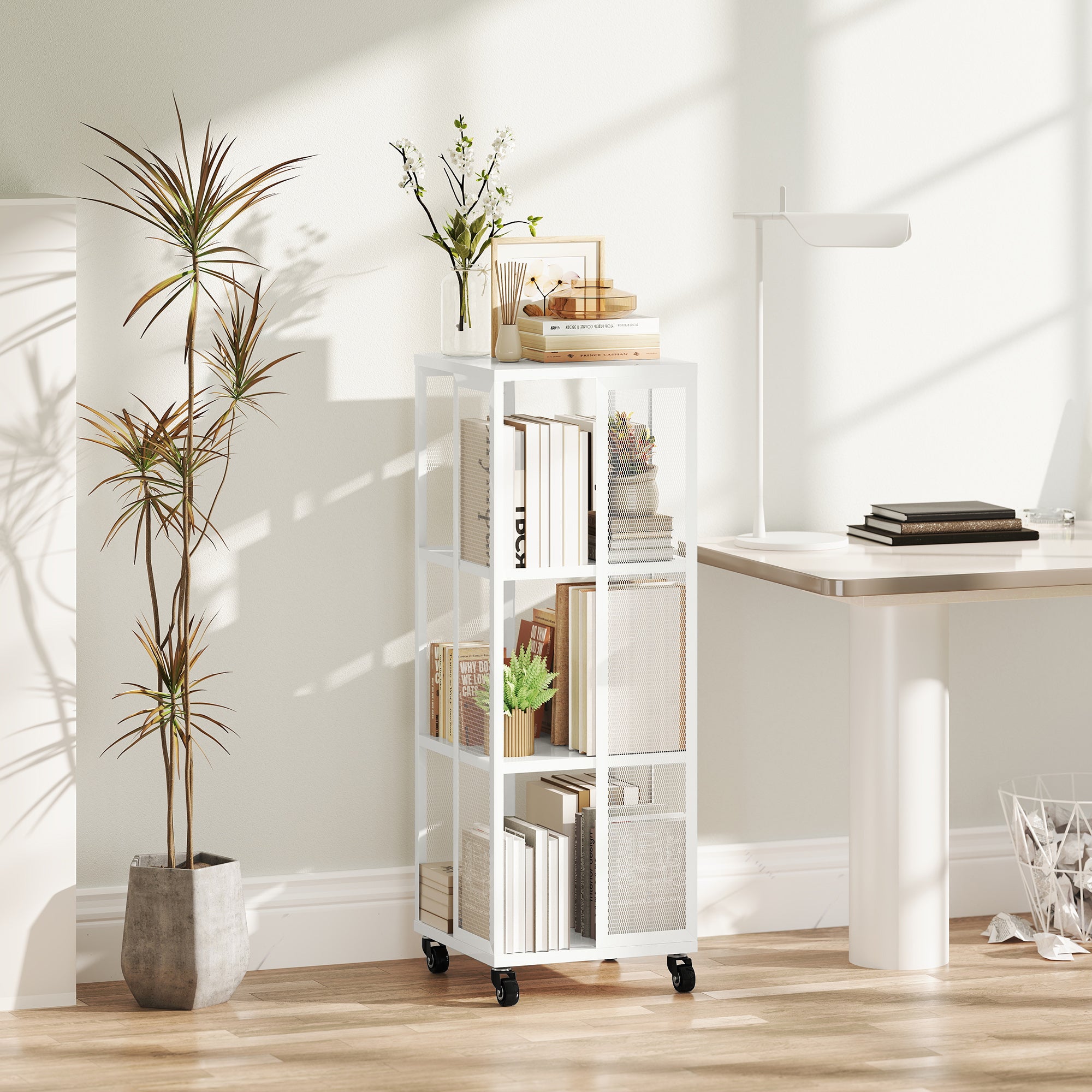 Modern 3-Tier Metal Mesh Bookcase with Wheels, 35x35x99cm, White