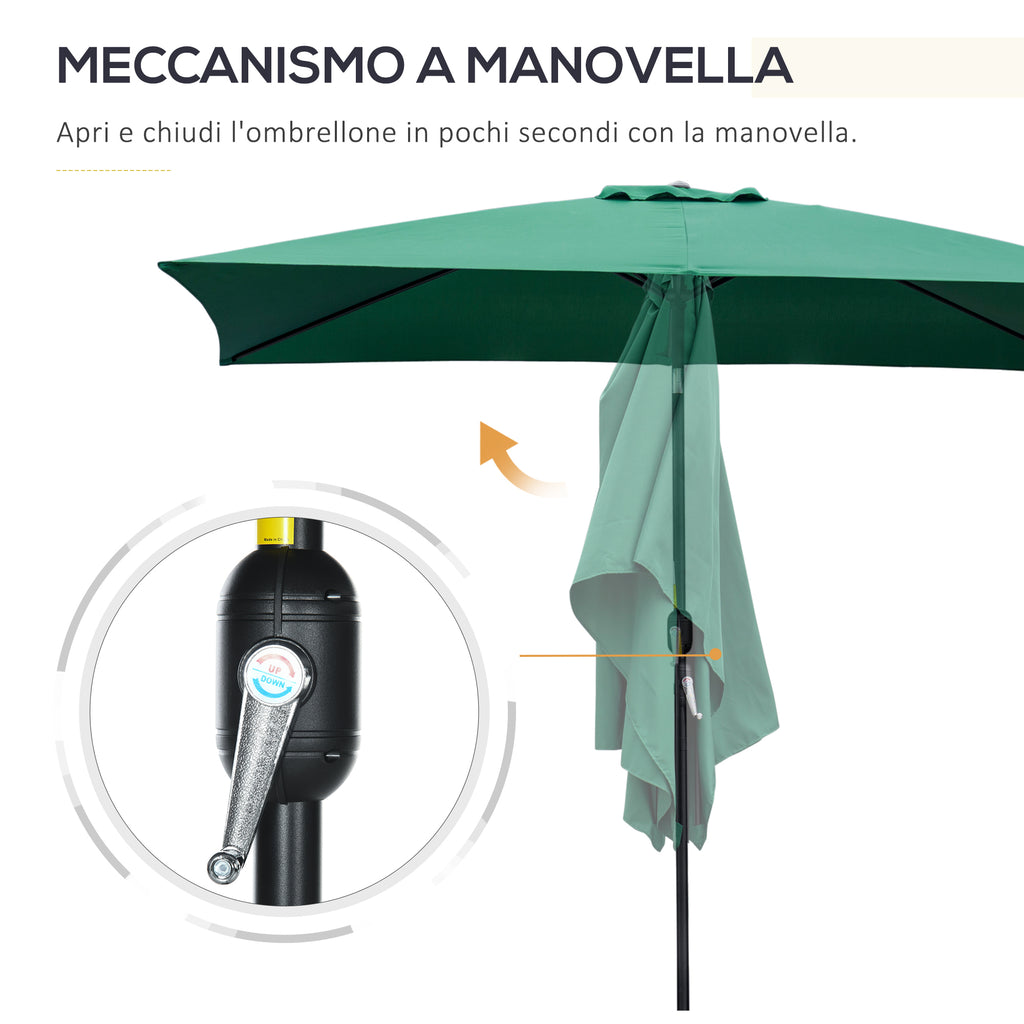 Rectangular Umbrella 2x3 m Foldable and Adjustable with Crank, in Aluminum and Polyester, Green and Black