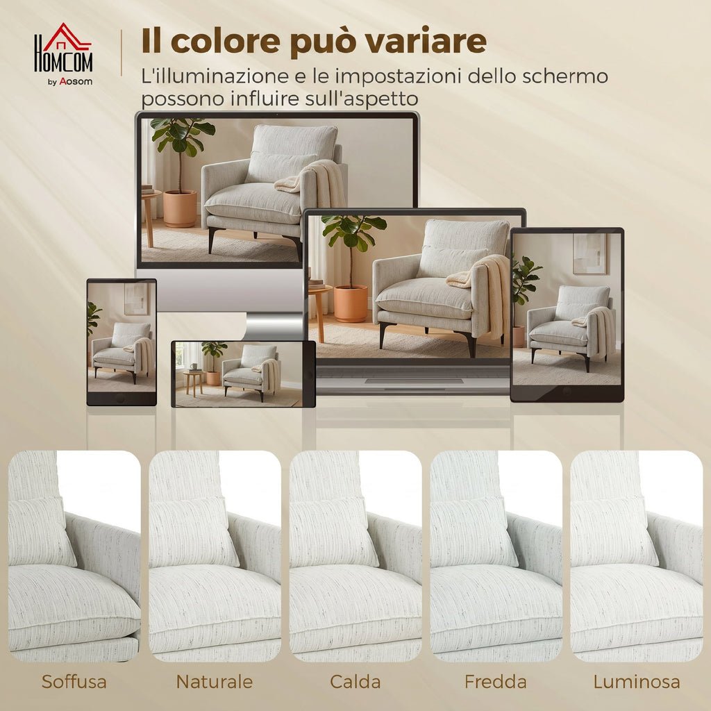 HOMCOM Linen-Effect Fabric Upholstered Living Room Armchair with Lumbar Cushion, White