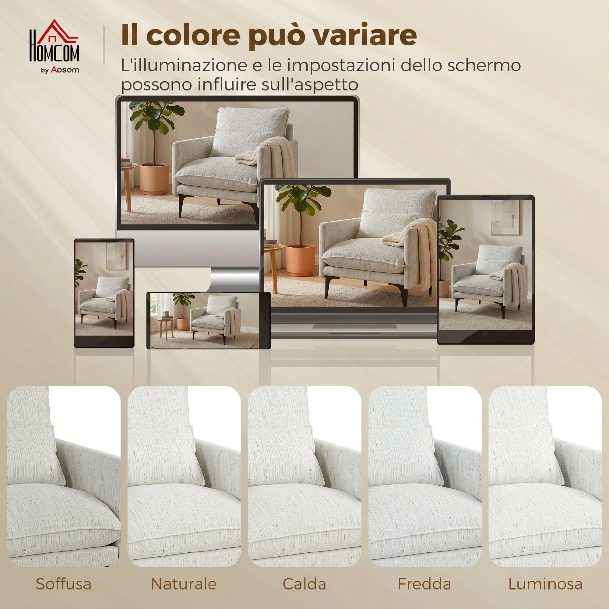 HOMCOM Linen-Effect Fabric Upholstered Living Room Armchair with Lumbar Cushion, White