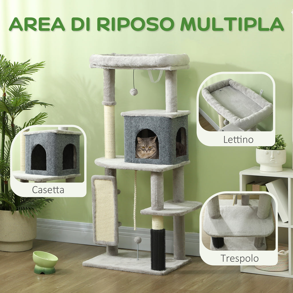 132cm High Multi-Level Cat Tree with House, Bed, Scratching Posts, Brush and Ball, Grey