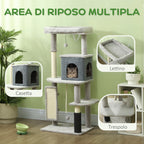 132cm High Multi-Level Cat Tree with House, Bed, Scratching Posts, Brush and Ball, Grey