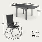 7 Piece Garden Set with 6 Folding Chairs and Extendable Table, in Steel, Aluminum and Mesh Grey and Black