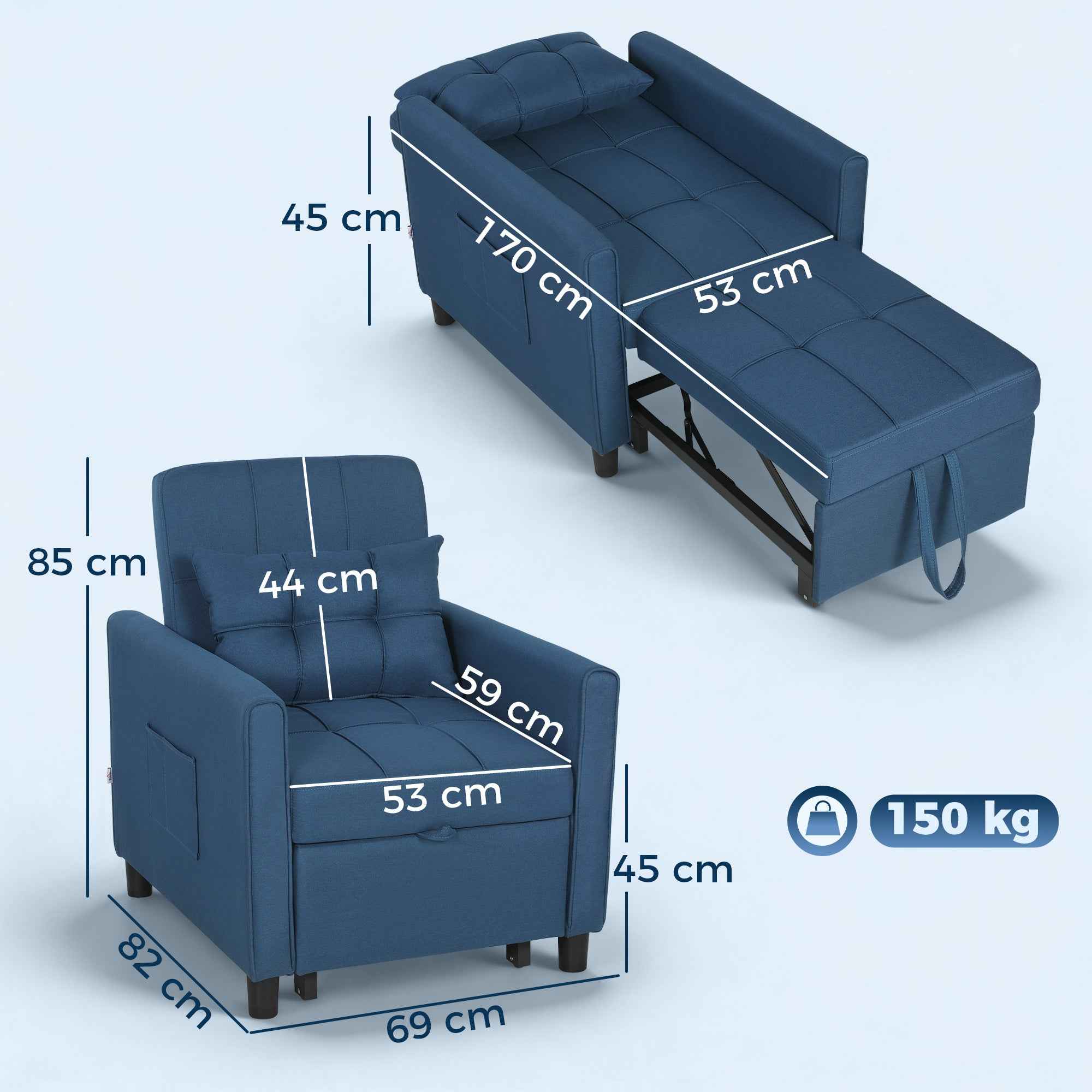 Folding Chair Bed with Adjustable Backrest and Cushion, Blue