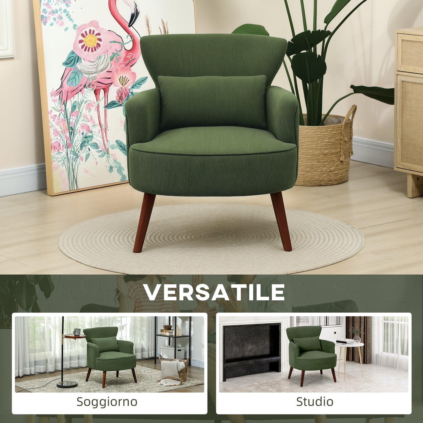 Modern Upholstered Velvet Armchair with Lumbar Cushion, Wooden Backrest and Legs, Green