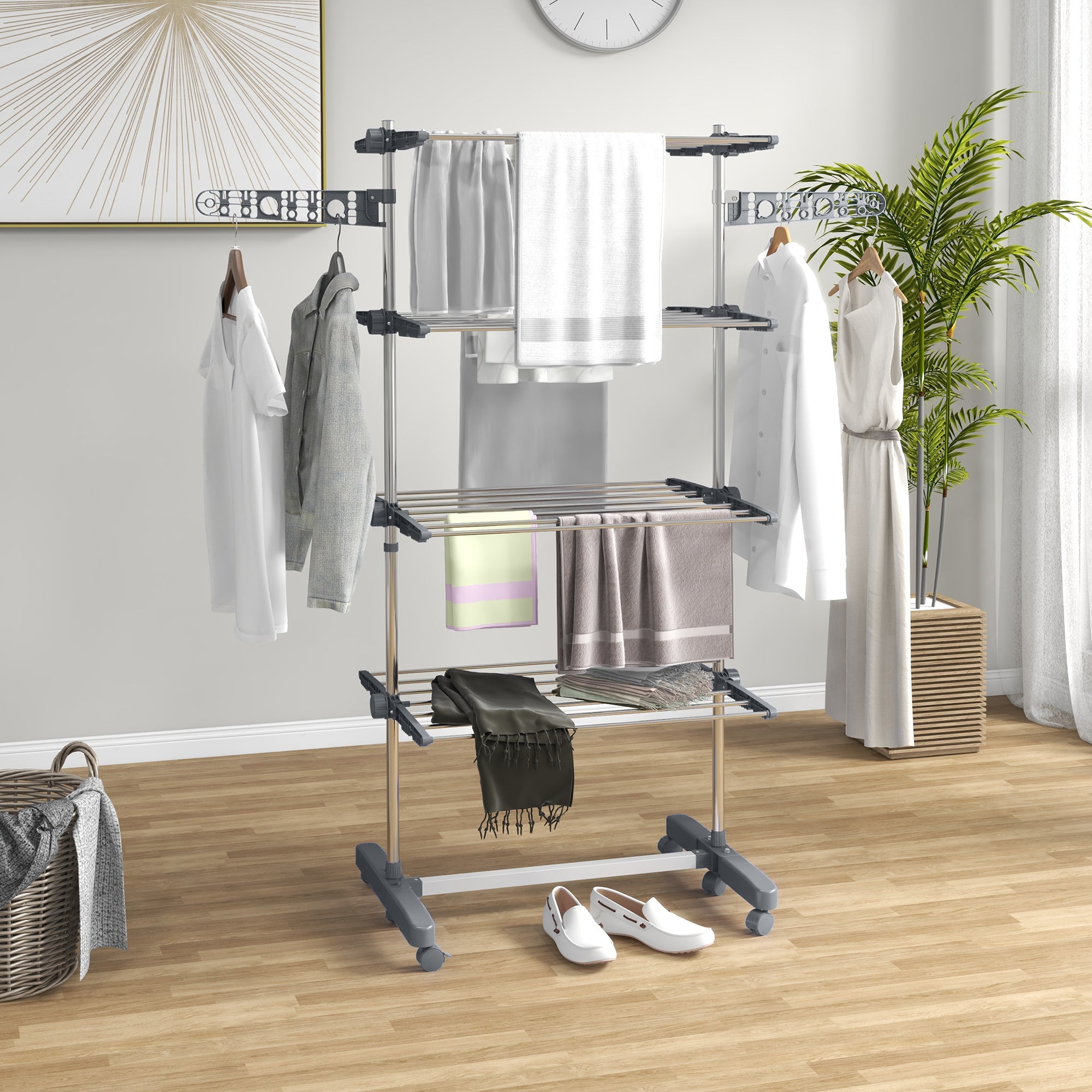 Vertical Drying Rack with 4 Adjustable Shelves, in Steel and Plastic, 142x55x172 cm, Grey and Silver