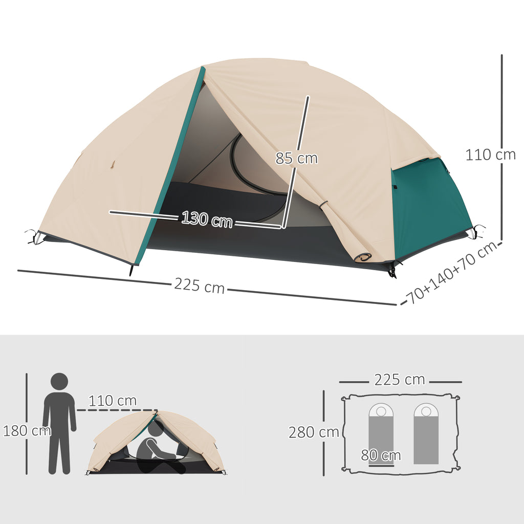 2 Person Camping Tent with 2 Vestibules, 2 Doors, 2 Windows and Carry Bag, 2.8x2.25x1.1 cm, Beige