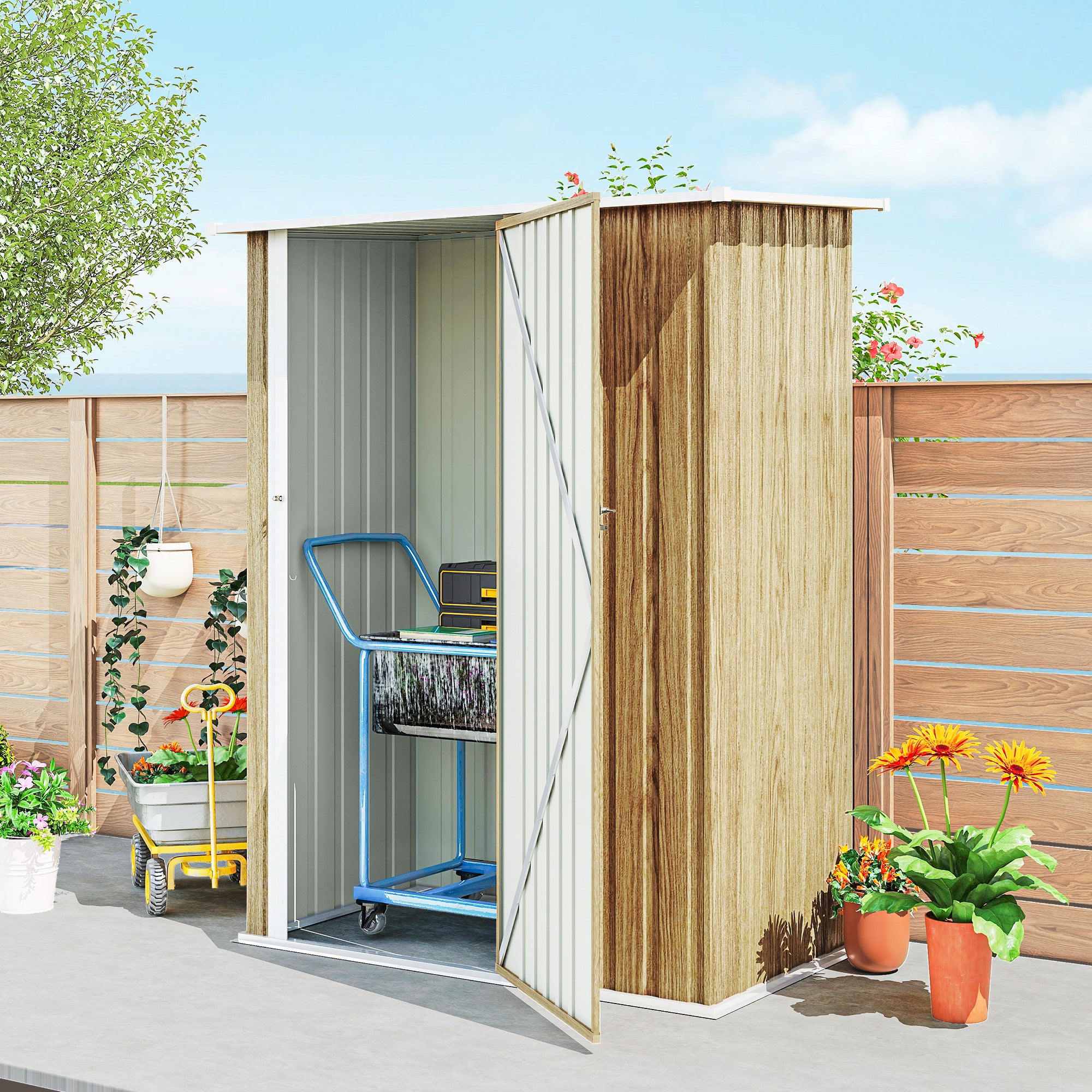 Outsunny Metal Tool Shed with Sloped Roof and Lockable Door, 142x86x189 cm, Wood Color