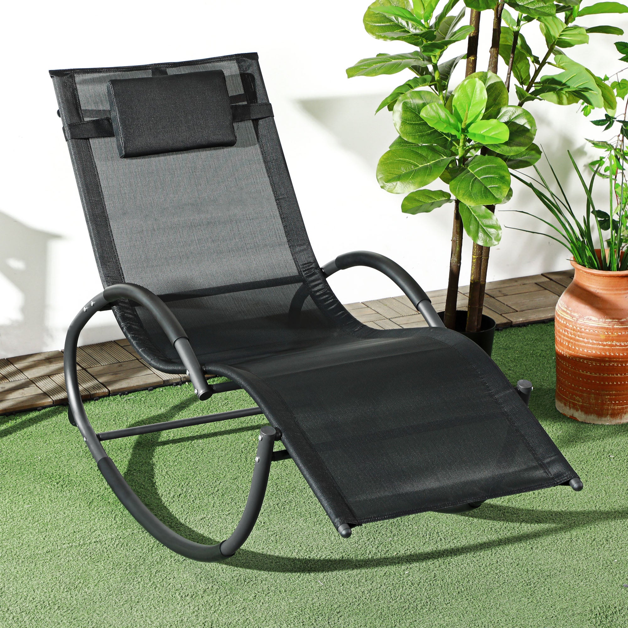 Outsunny Waterproof Outdoor Zero-Gravity Rocking Deck Chair with Headrest, 155x61x88 cm, Black - Borgè