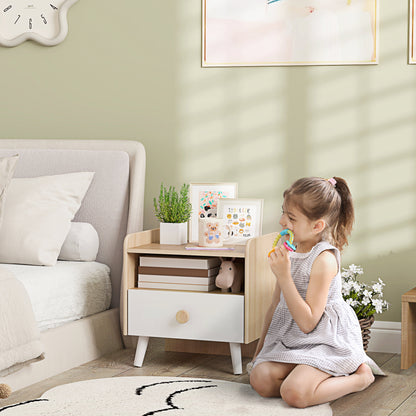 Bedside Table with Drawer for Children 3-10 Years Old in Wood and Pine Wood, 40x32.5x40 cm, White