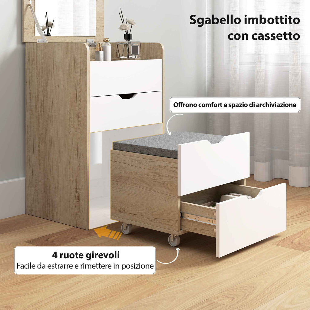 HOMCOM 3-in-1 Dressing Table with Mirror, Storage, 2 Drawers and Stool, Wooden, 50x40x78 cm, White and Oak