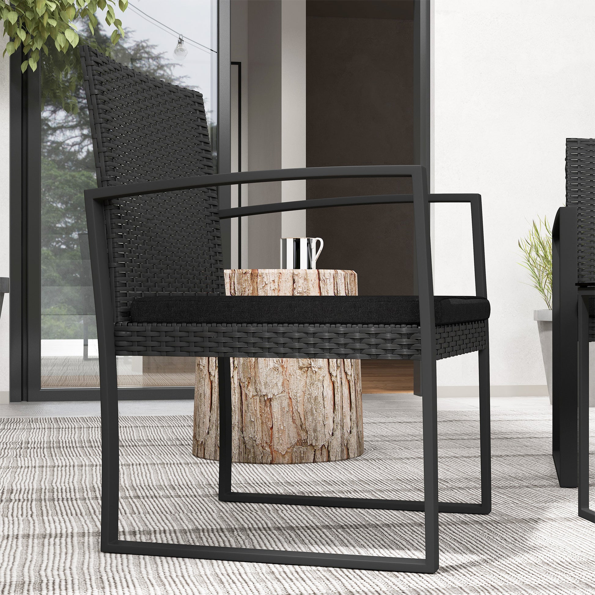 Black Rattan 3 Piece Garden Set with 2 Chairs with Cushions and Glass Top Table, Black Rattan Effect - Borgè