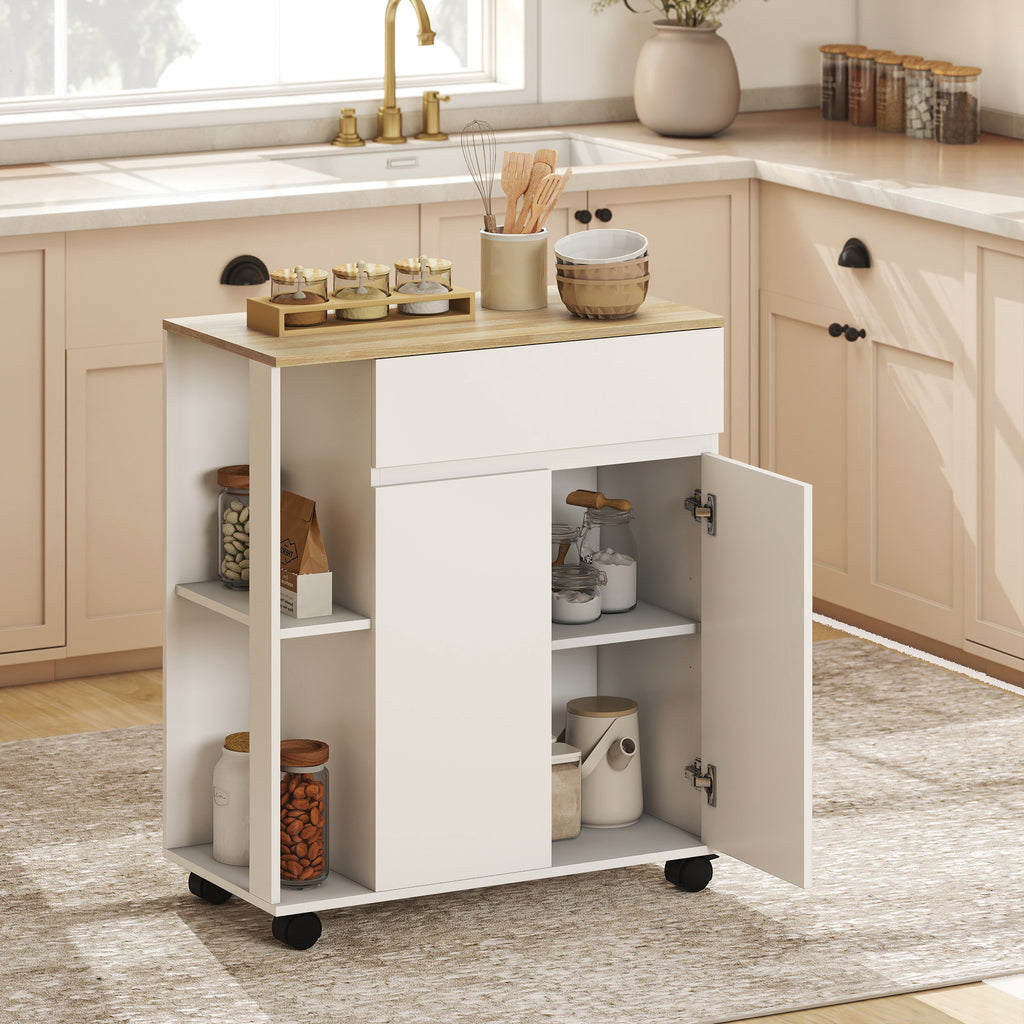 Kitchen Trolley with Drawer, Cabinet and 2 Side Shelves, Wooden, 78x39.5x88.5 cm, White and Oak