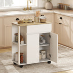 Kitchen Trolley with Drawer, Cabinet and 2 Side Shelves, Wooden, 78x39.5x88.5 cm, White and Oak