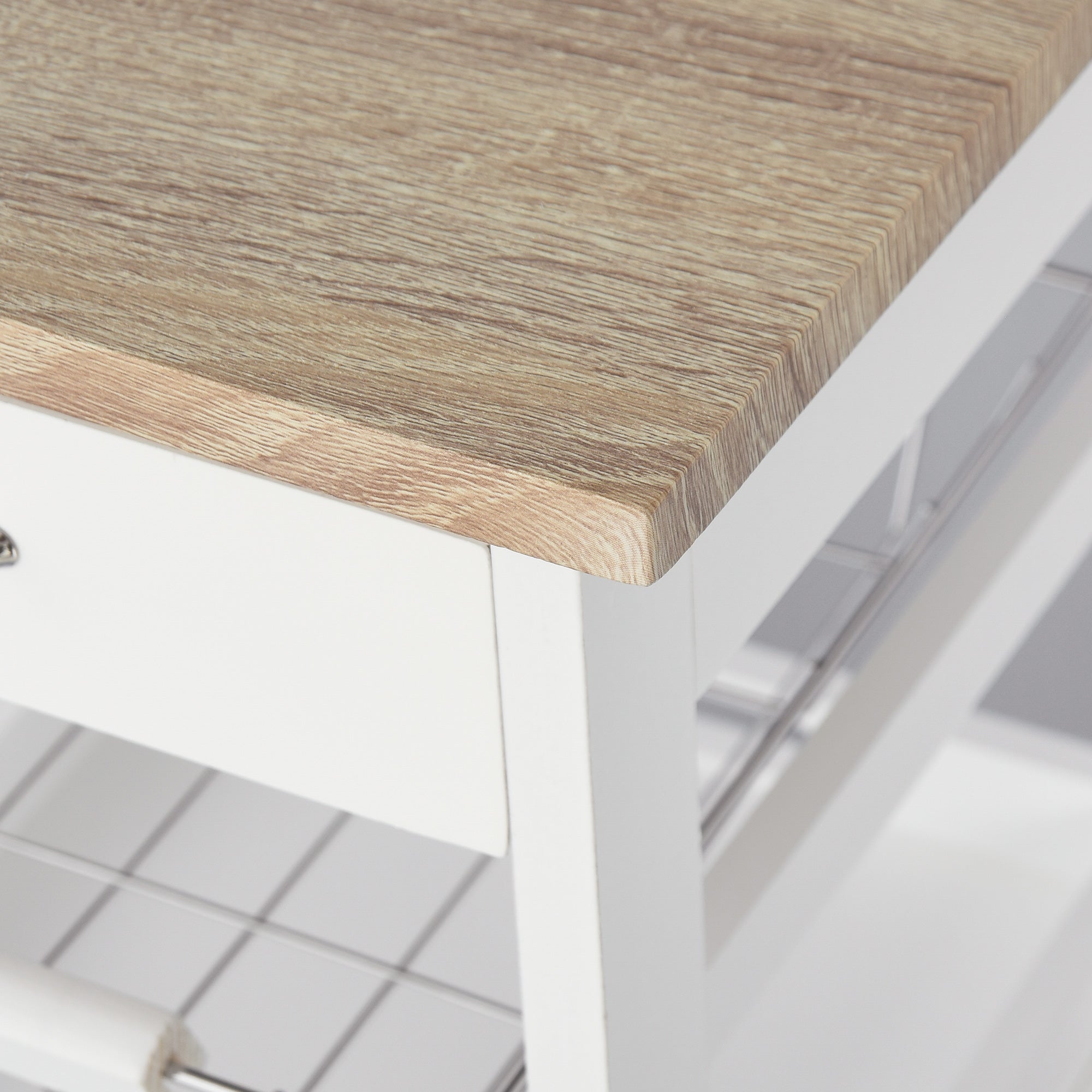 Space-Saving Kitchen Cart in Pine Wood and MDF, Storage Trolley with Drawer, Basket, 2 Trays and 4 Universal Wheels, 37x37x82cm, White