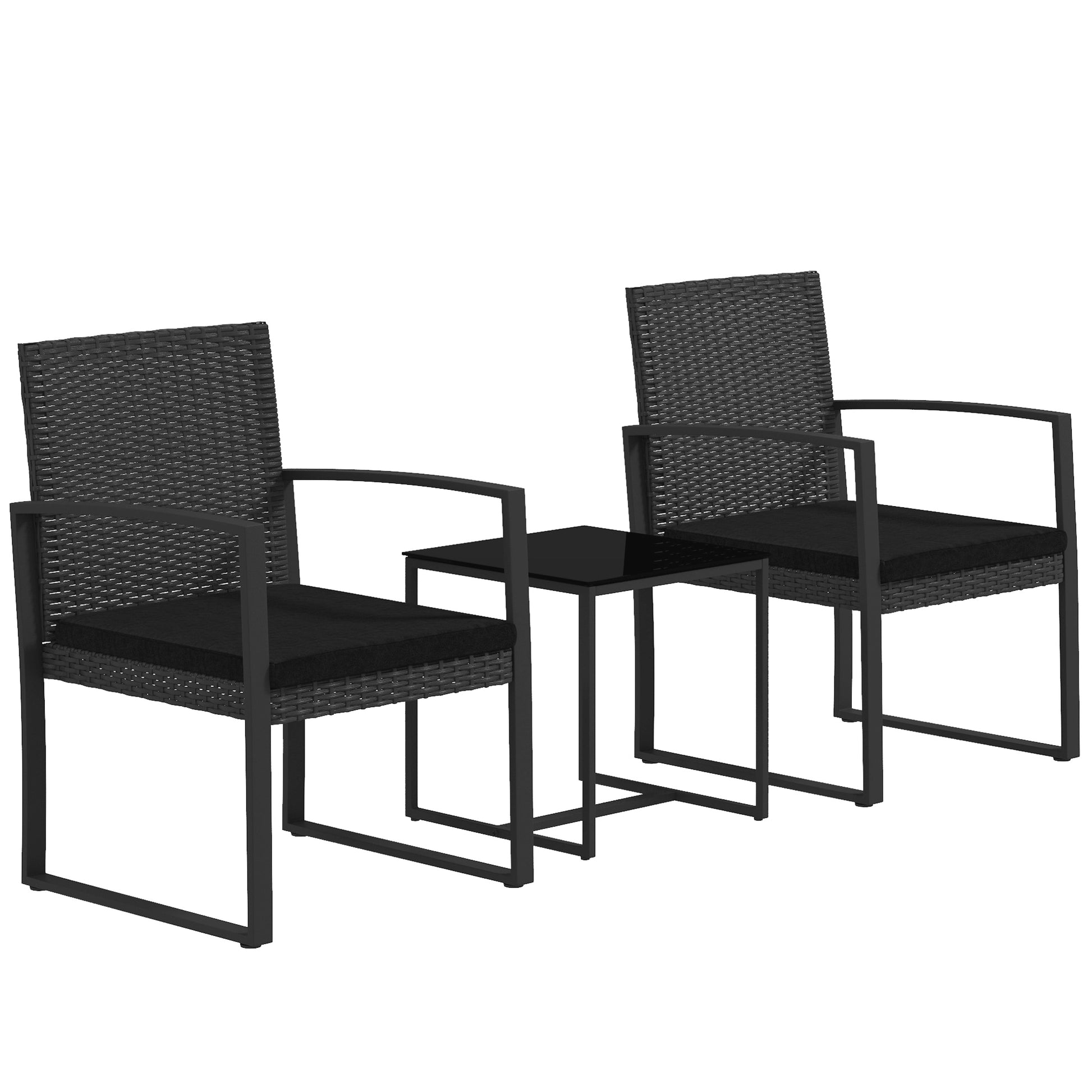 Black Rattan 3 Piece Garden Set with 2 Chairs with Cushions and Glass Top Table, Black Rattan Effect - Borgè