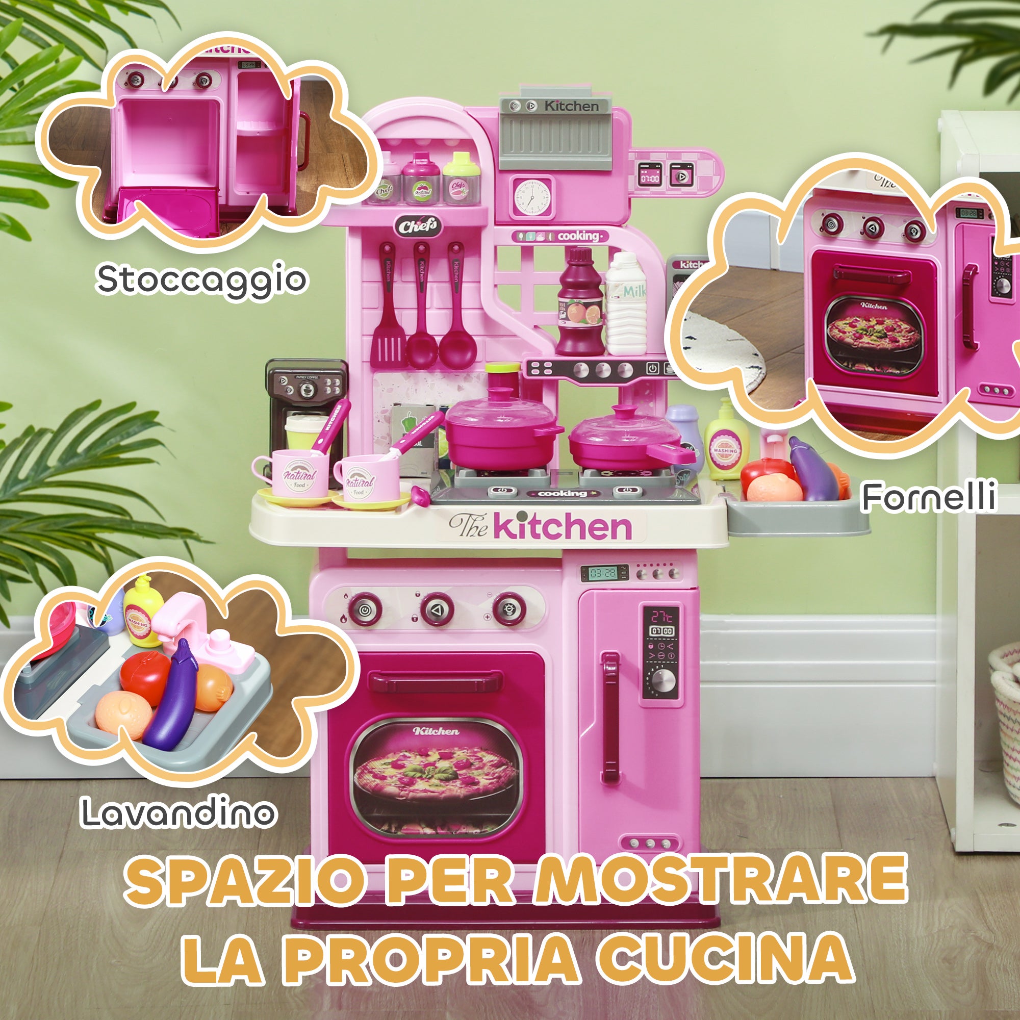 33-Piece Children's Toy Kitchen with Lights, Sounds and Faucet, Made of PP and ABS, 53x22x69 cm, Pink