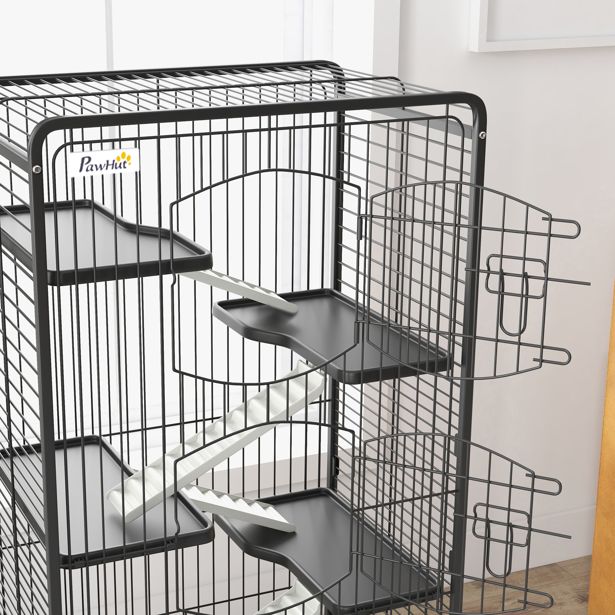 Small Animal Cage with Wheels, 5 Ramps and 5 Platforms, Bowl and Bottle, 61.5x44x131 cm, Black