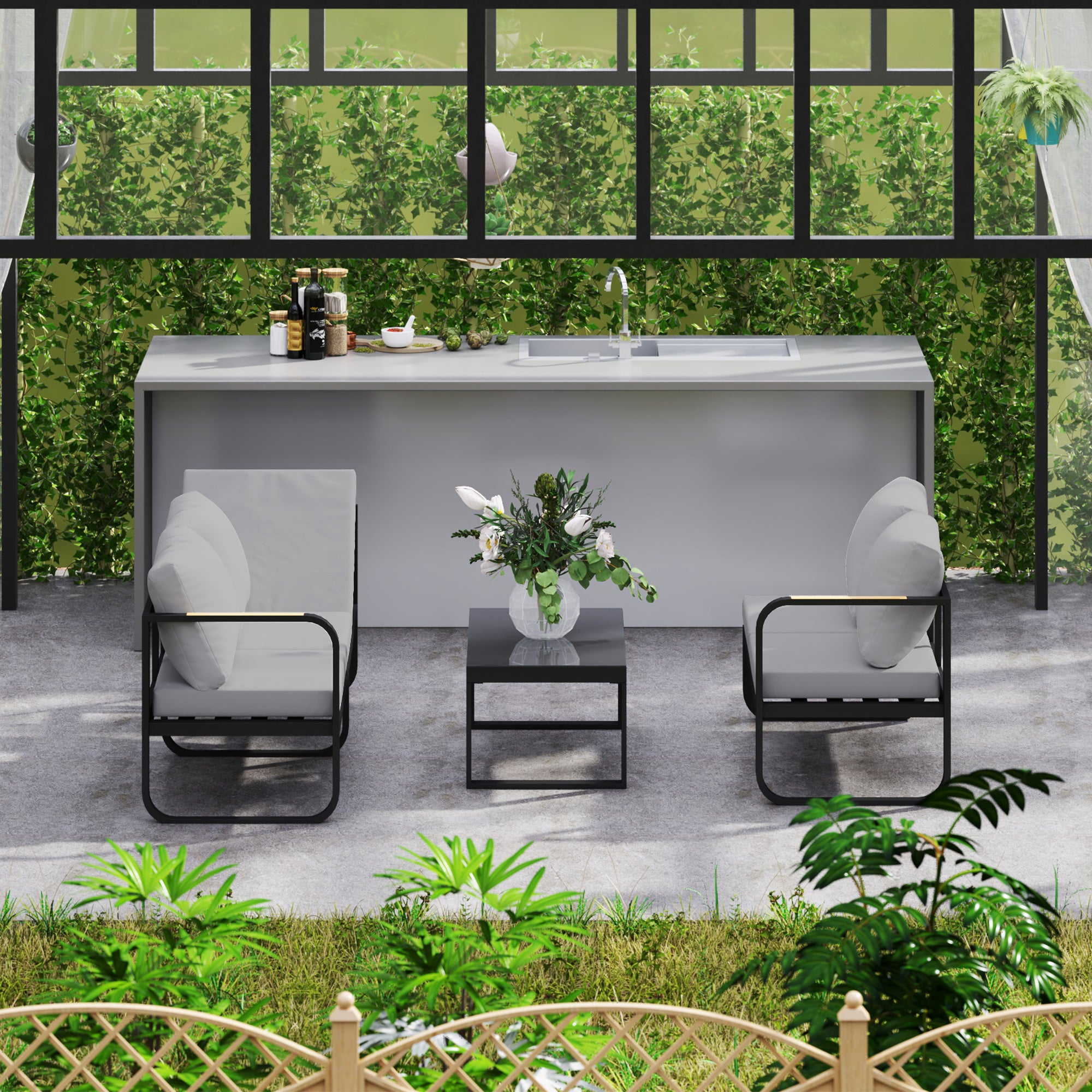 3-Piece Outdoor Set with 3-Seater Convertible Sofa, 2-Seater Sofa and Outdoor Coffee Table, Gray and Black