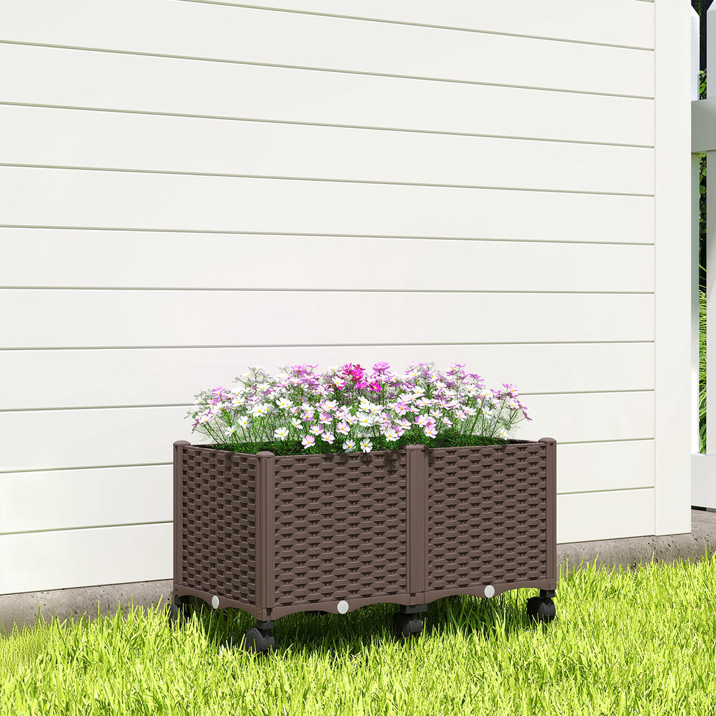 Outsunny 85L Raised Planter with Lockable Wheels, Self-Watering and Drainage Holes, Brown