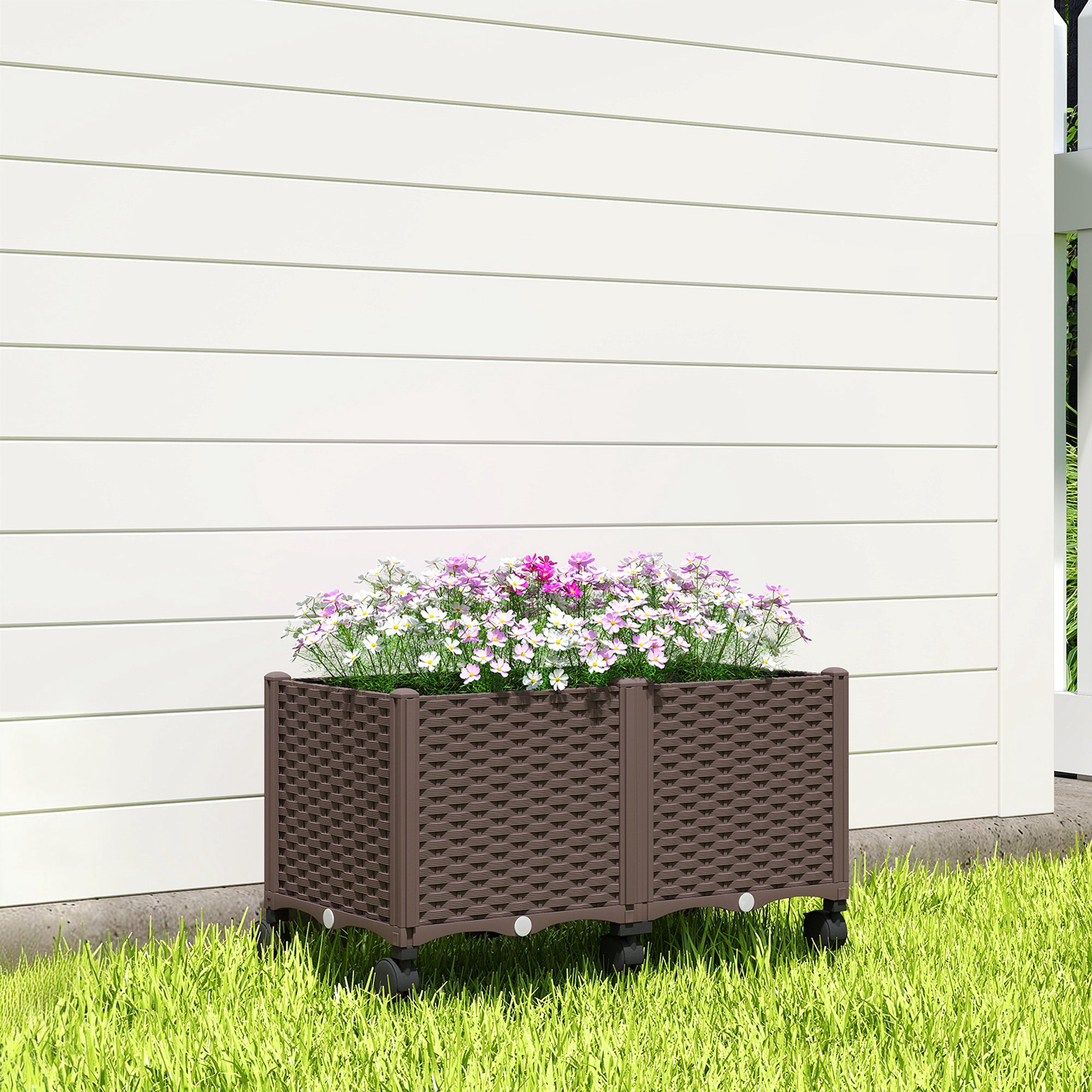 Outsunny 85L Raised Planter with Lockable Wheels, Self-Watering and Drainage Holes, Brown