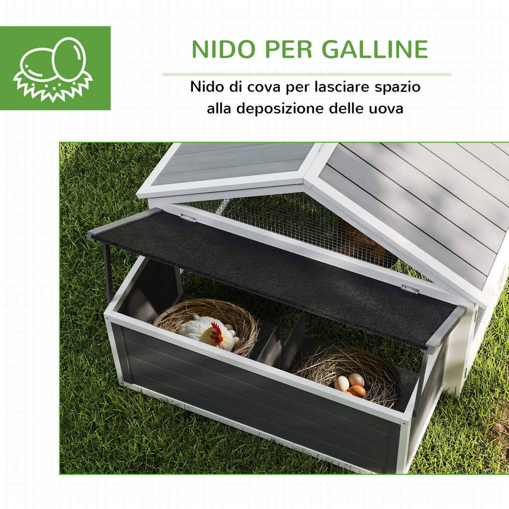 PawHut Wooden Chicken Coop for 4-8 Chickens with Wire Mesh and Opening Roof, 240x112.5x76 cm, White