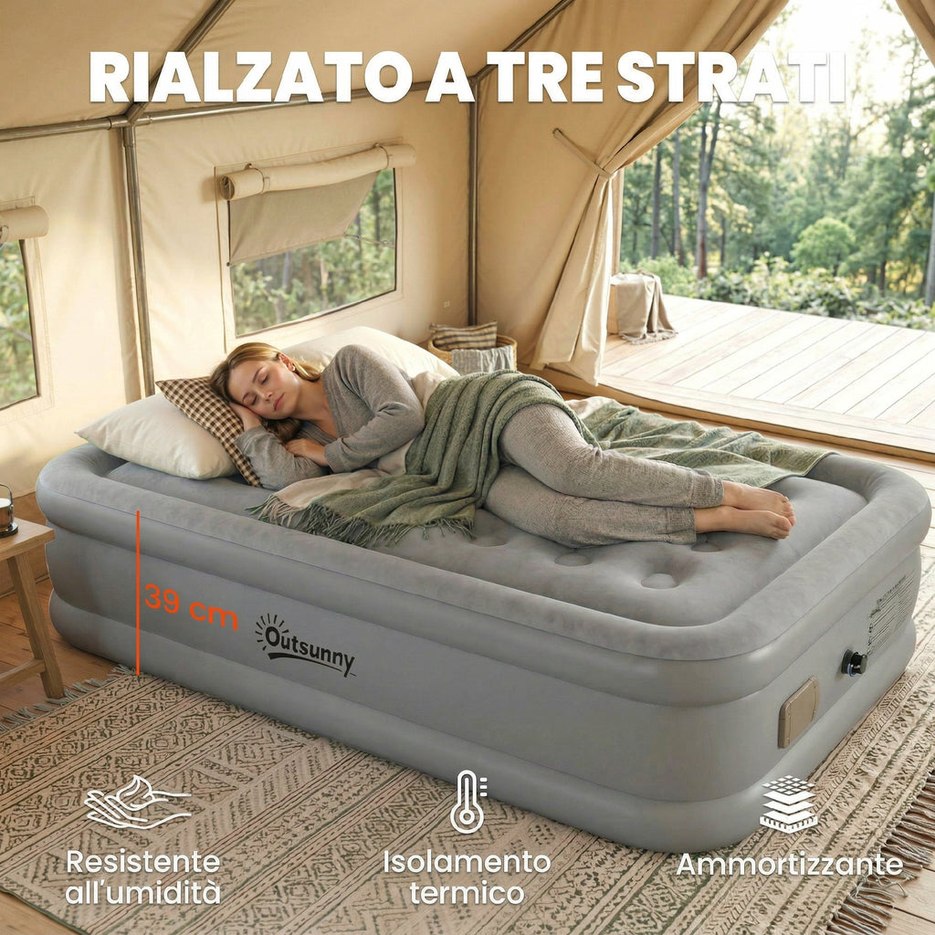 Outsunny Self-Inflating Single Mattress, Flocked Surface, with Inflation Pump and Carry Bag, Grey