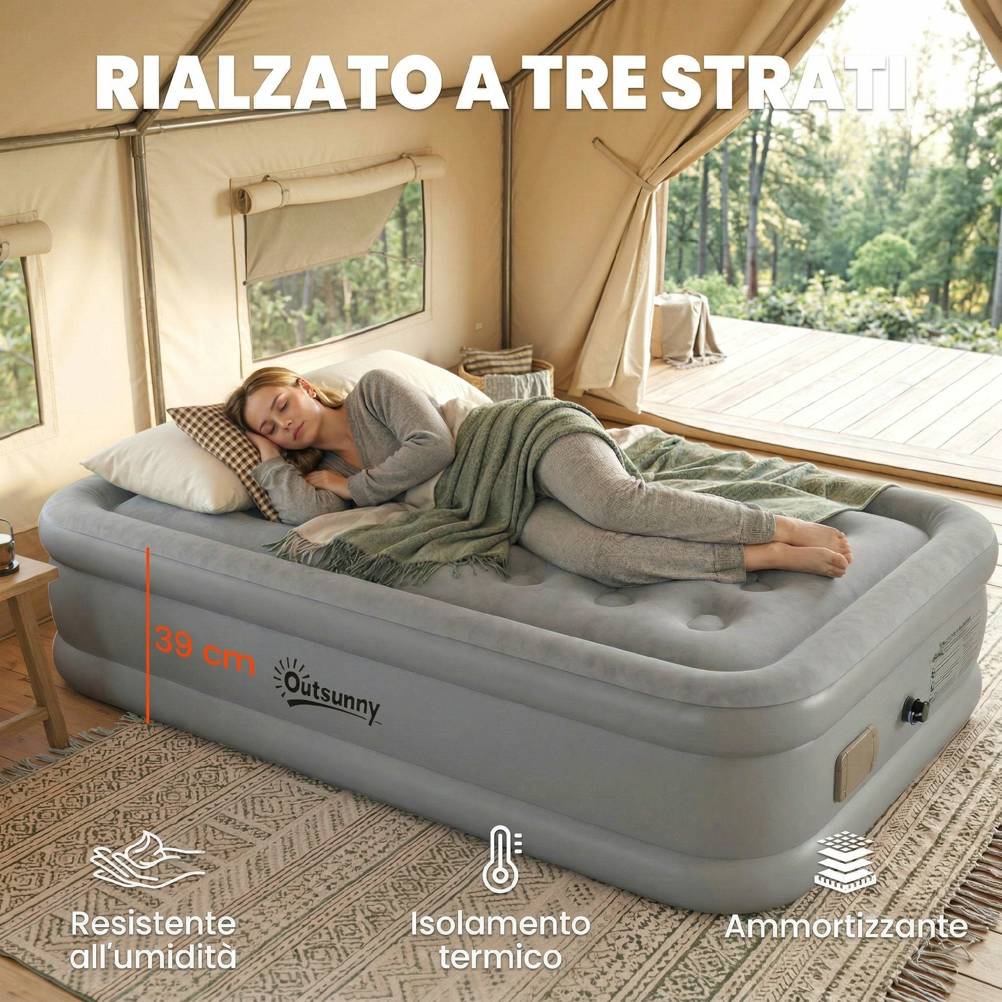 Outsunny Self-Inflating Single Mattress, Flocked Surface, with Inflation Pump and Carry Bag, Grey