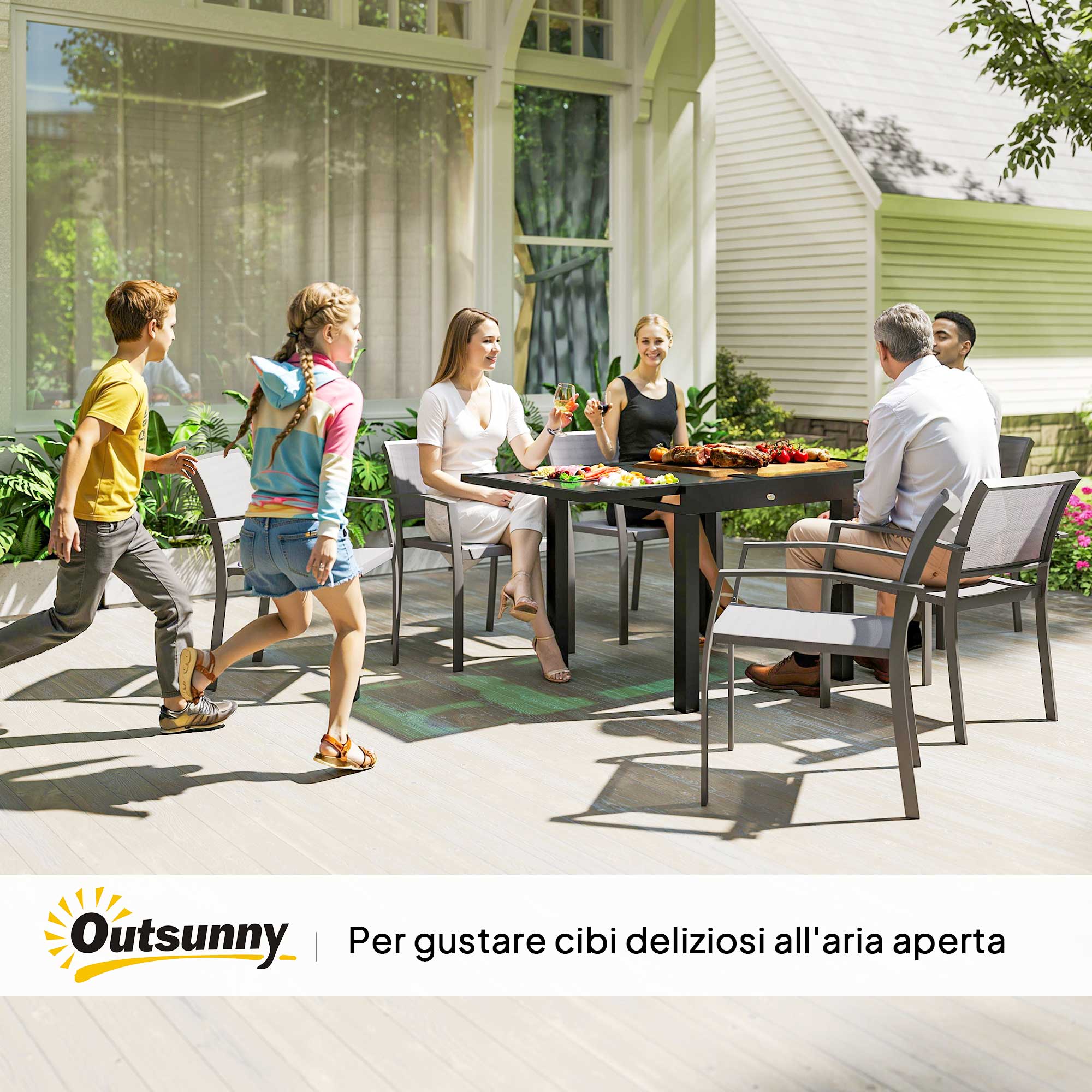 Extendable Garden Dining Table with Glass and Aluminum Top, 80-160x80x75 cm, Black and Transparent