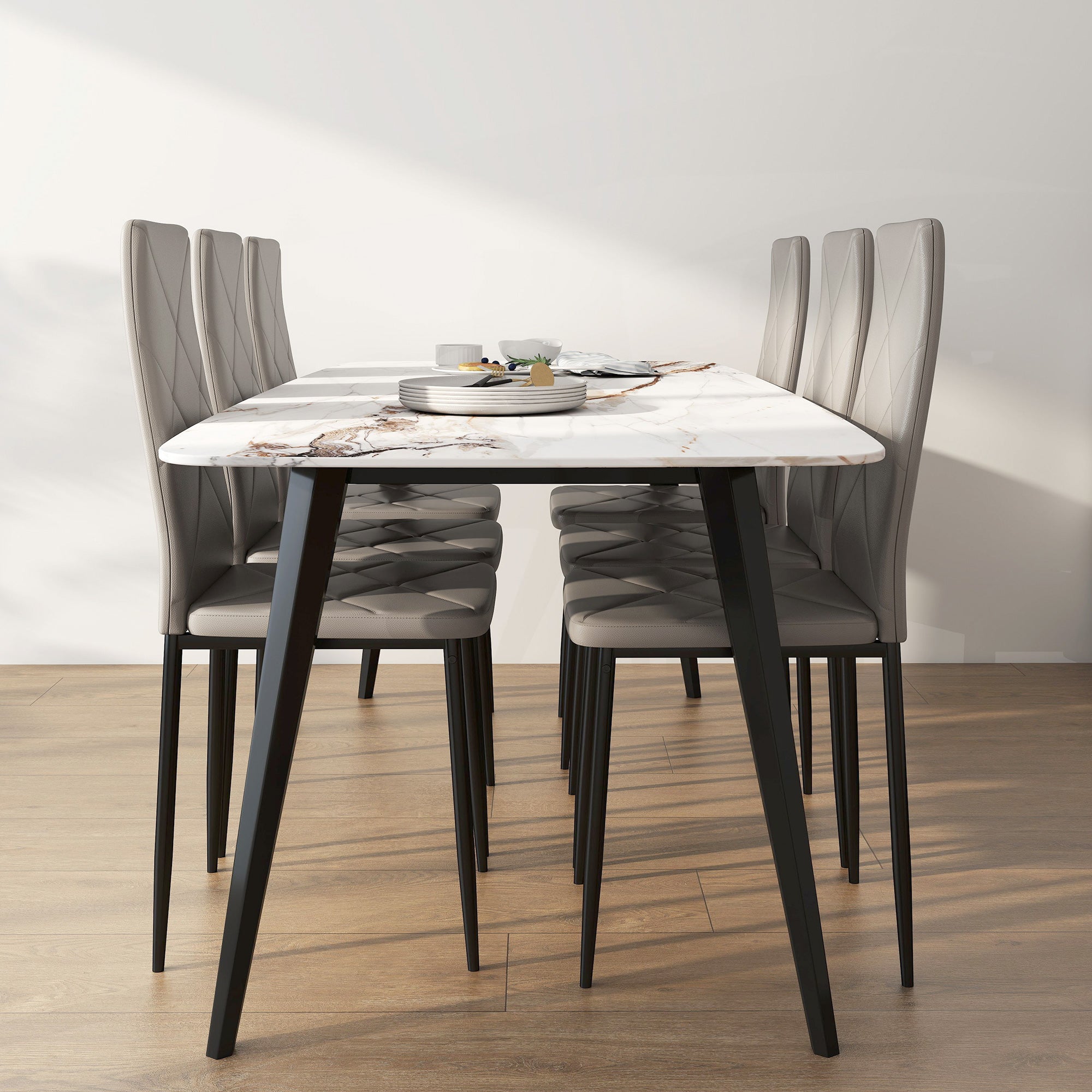 Set of 6 Modern High-Back Dining Chairs in Faux Leather and Steel, 41x50x97 cm, Grey