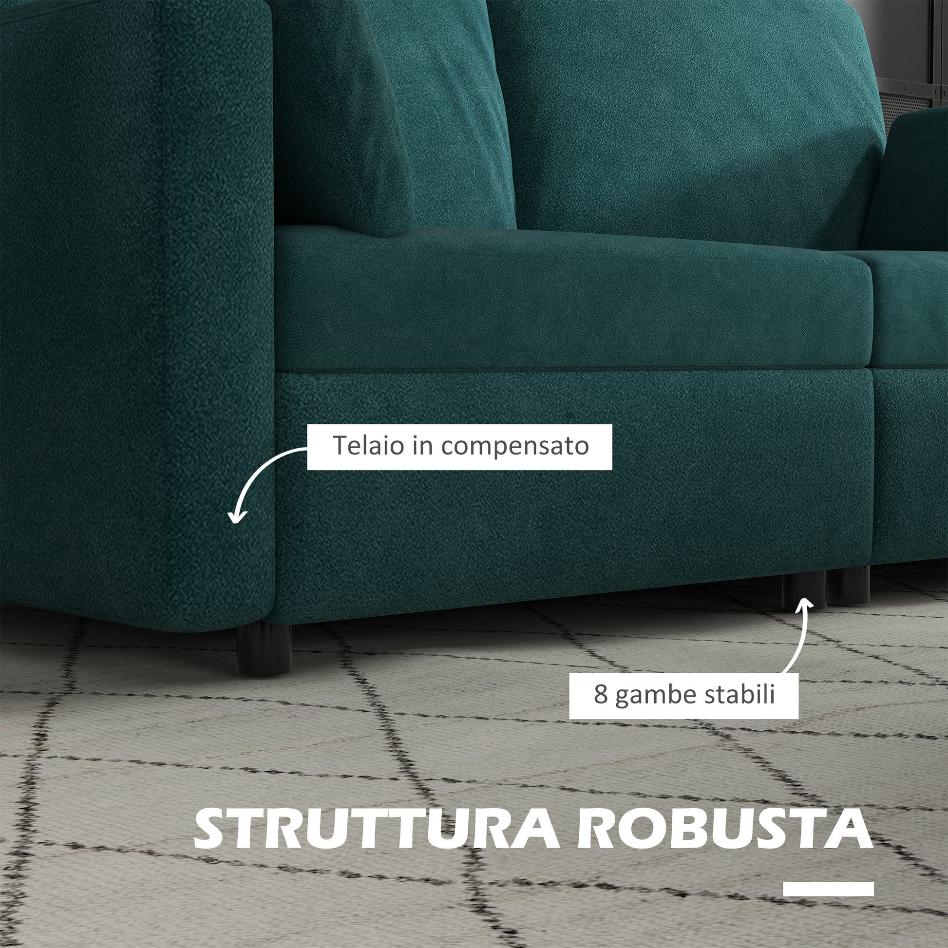 Homcom Velvet 3 -seater sofa with cushions and padded seat, 178x82x85cm, dark green - Borgè